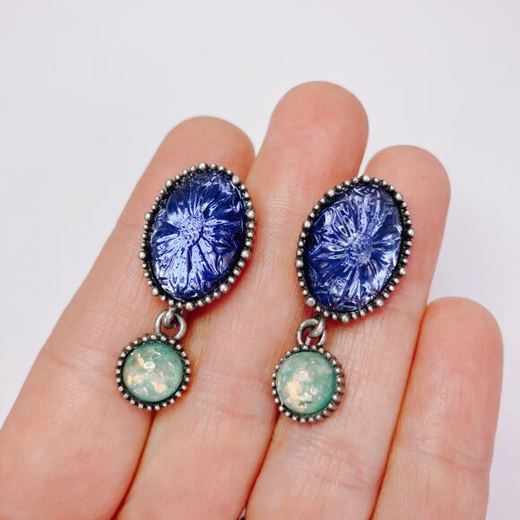 Vintage Signed Avon NR Nina Ricci Blue Lucite Faux Opal Dangle Earrings 1980s - Picture 3 of 11